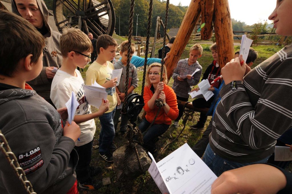 Uczniowie z prowadzącą podczas zajęć w osadzie górniczej